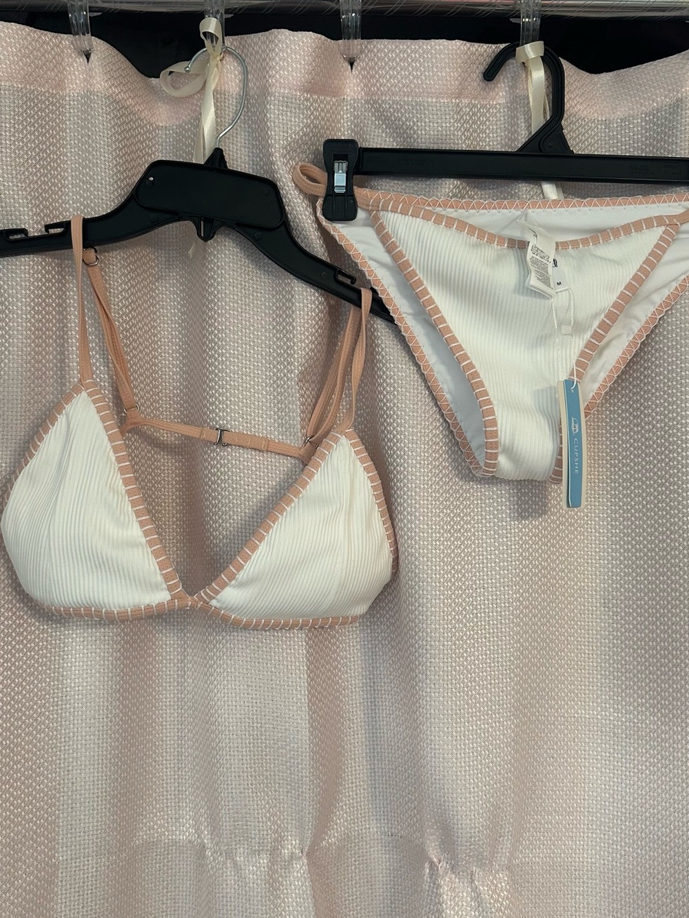 Cupshe White Ribbed Triangle Bikini with Blush Trim